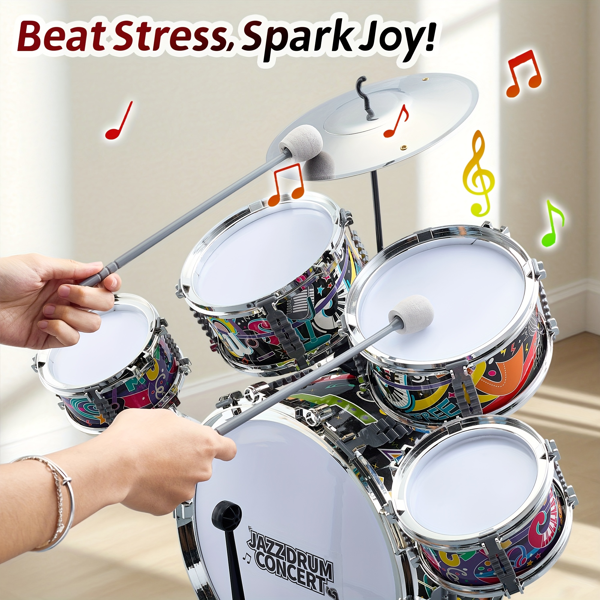 Kids Jazz Drum Set Rock Kit Toys, 5pcs Kids Band Musical Instrument,Percussion Beginner Kit for Boys Girls Aged 3-5 5-7.
