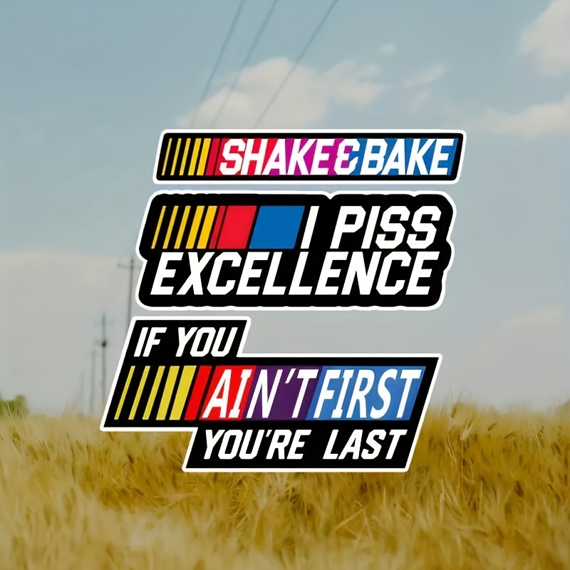 

3-pack Racing Quote Vinyl Stickers - Cartoon Glitter Decals "shake, Bake, I Piss " - Self-adhesive Glossy Car Decoration For Plastic, Glass, Metal, Ceramic - Single Use Irregular Shape Embellishments