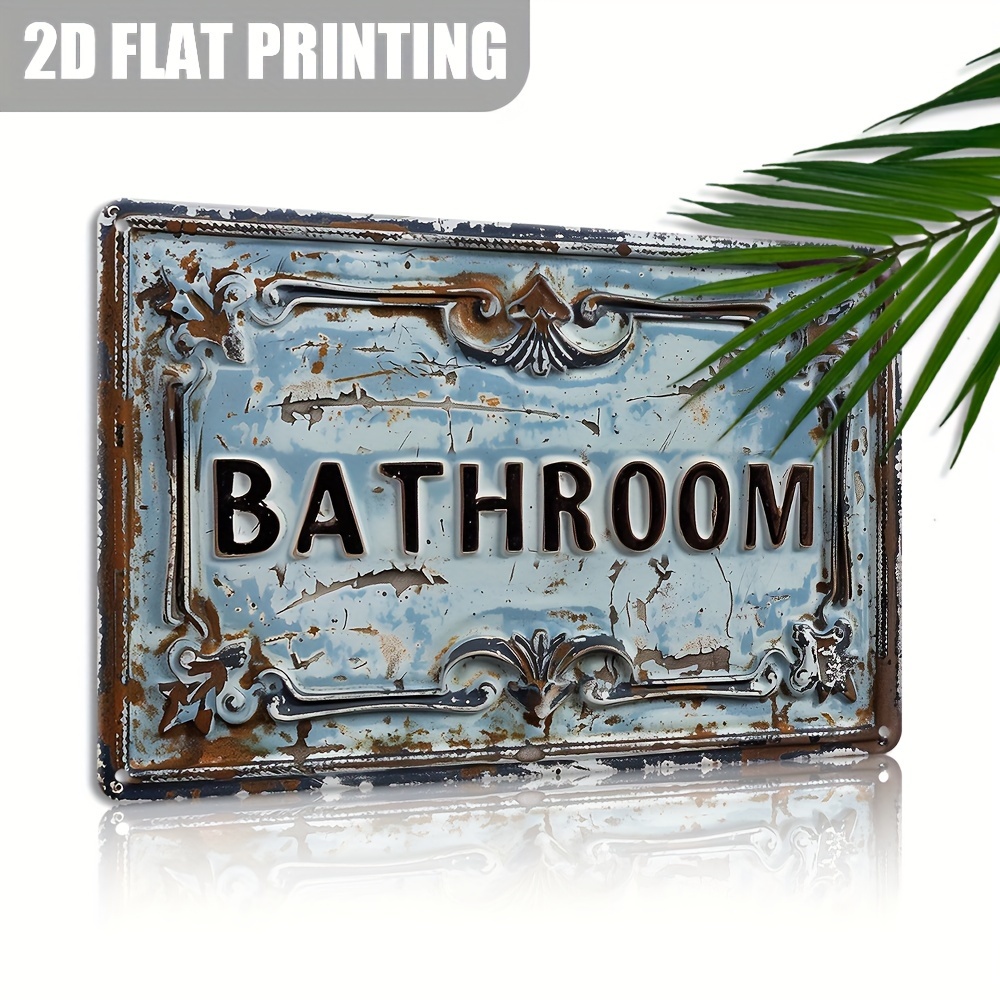 TEMU 2d Flat, 12x8 Inch Distressed Retro Vintage Bathroom Sign - Rustic Aluminum Metal Wall Decor With Elegant Scrollwork & Distressed Paint Finish,