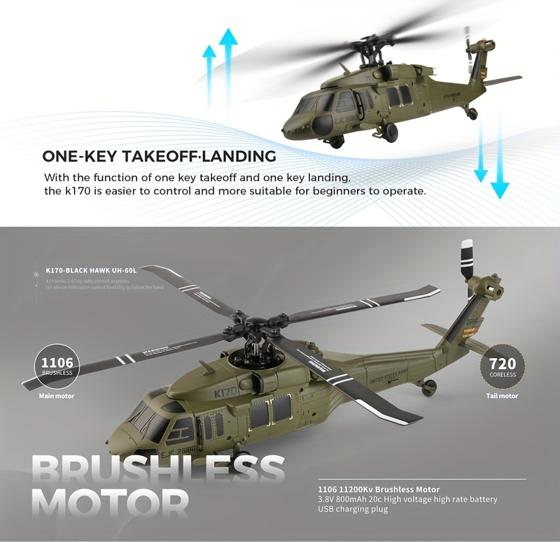 WLtoys K170 Blackk Hawk UH-15.85gal 170 RC Helicopters 2.4G 4CH Flybarless 1106 External Brushless Motor RC Helicopter Toys for Adults Boys