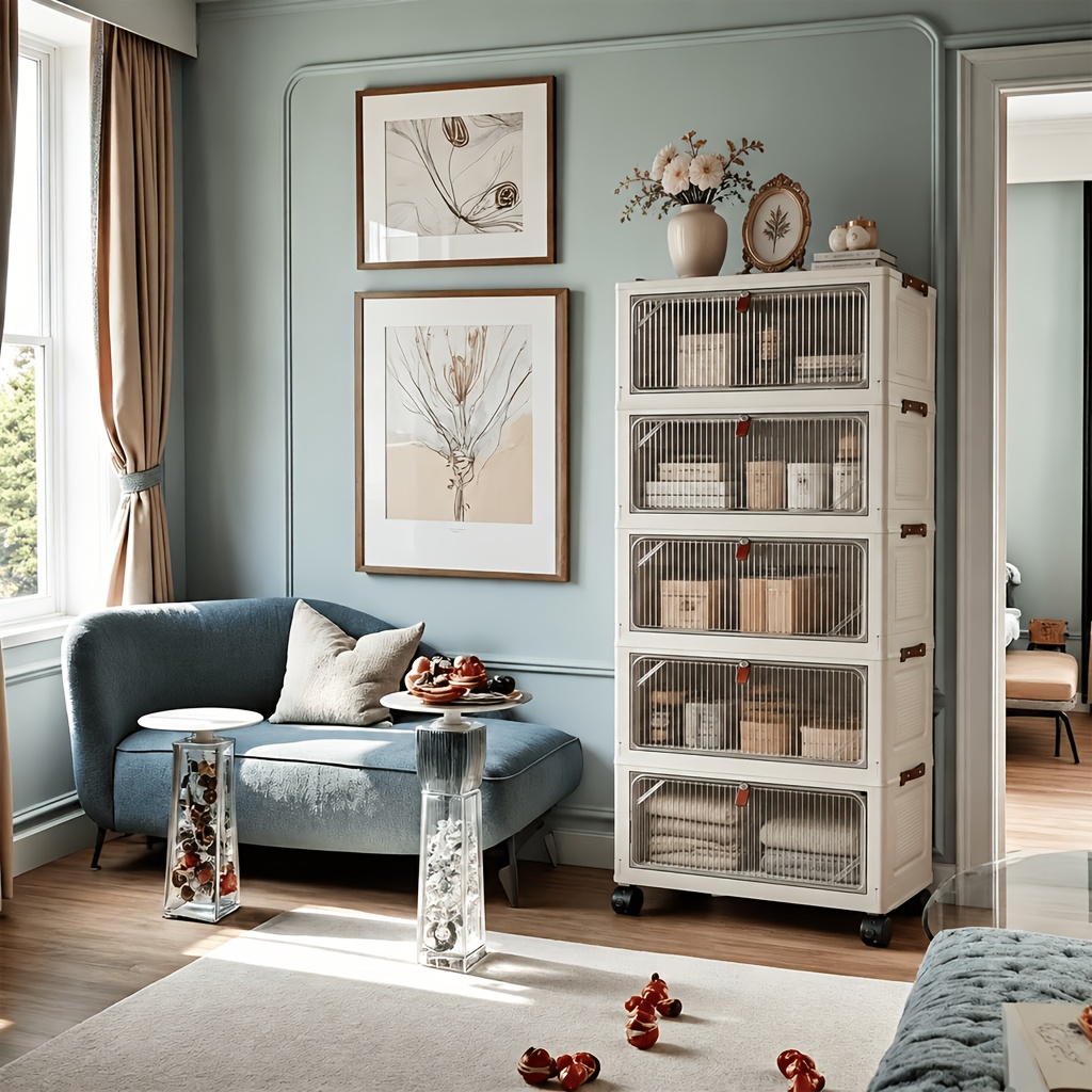 TEMU Gabinete de plástico apilable, plegable, de varios niveles, con diseño engrosado y de gran capacidad; colores clásicos combinados con ruedas
