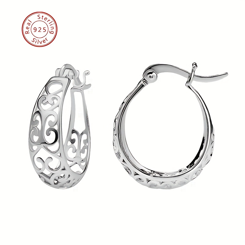 

S925 Sterling Silver Hoop Earrings, Hollow Love Heart Pattern Hoop Earrings, Oval Shaped Ear Jewelry Accessories With Exquisite Gift Box