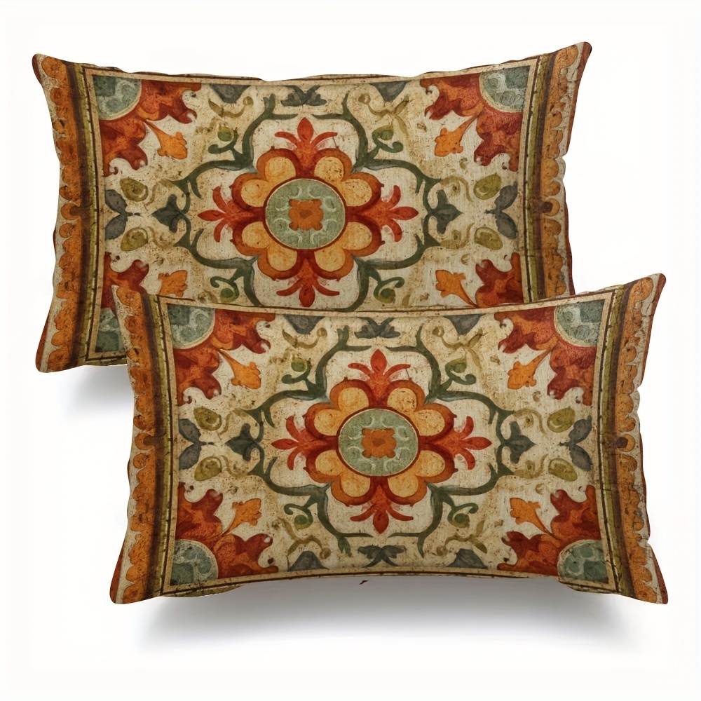 TEMU Paquete de 2 fundas de almohada cortas de felpa ultra , de azulejos florales vintage envejecidos, cojín decorativo con envejecido y cálidos de