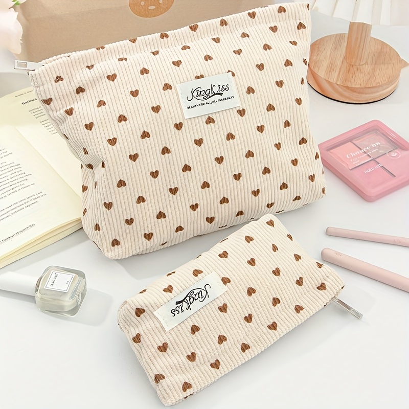 E-shop Stylische Cord-Herzmuster Damen-Kosmetiktaschen (1 oder 2 Stück), große tragbare Reise-Toilettentasche, essenzieller Urlaubs-Kosmetikorganizer,