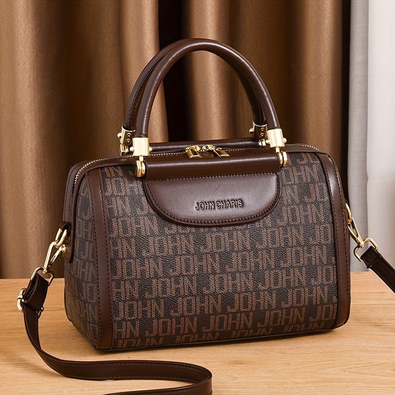Designer-Inspired Boston Handbag for Women, Large Capacity Shoulder Bag with Zipper Closure, Polyester Lined, Painted Edges, Fashionable Versatile Crossbody Purse for Mature Ladies