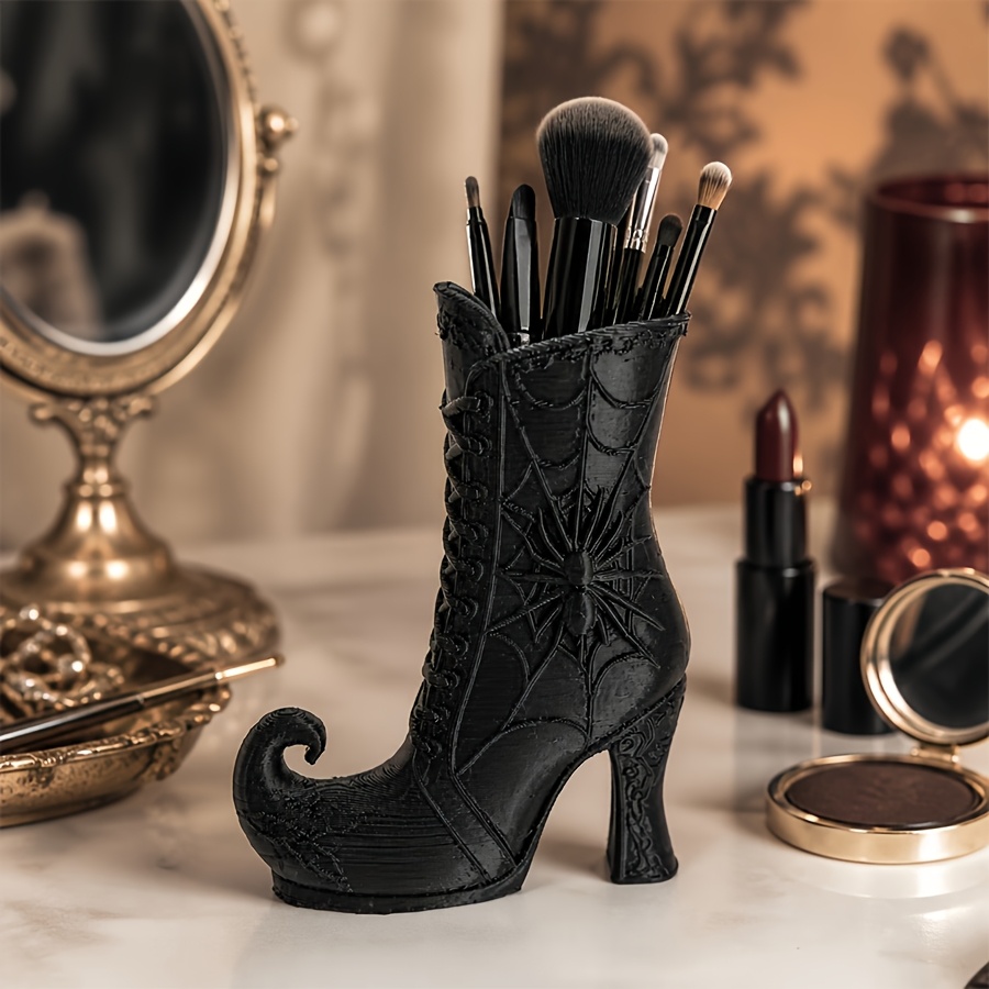 TEMU Pen Holder, Gothic Boots Spiderweb 3d Printed Design, Adult Office Desktop Decorative Storage Box, Creative Halloween Gift, Vintage Makeup Brush