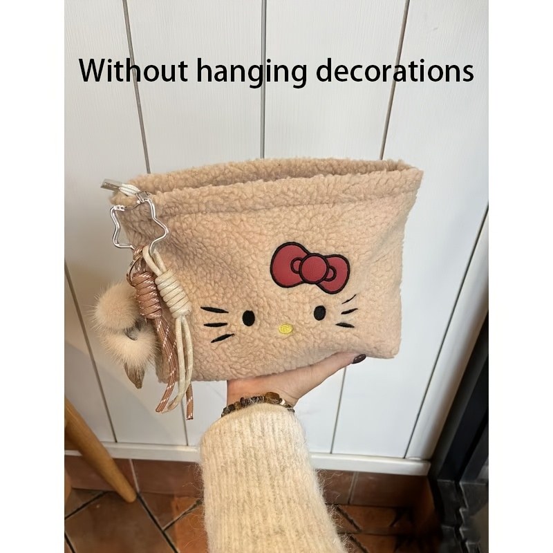 Lamb Embroidered Hello Kitty Cosmetic Bag Cartoon Large Capacity Autumn And Winter Plush Storage Bag Plush Cosmetic Bag The For Travel Gift For Valentine's Day Gift