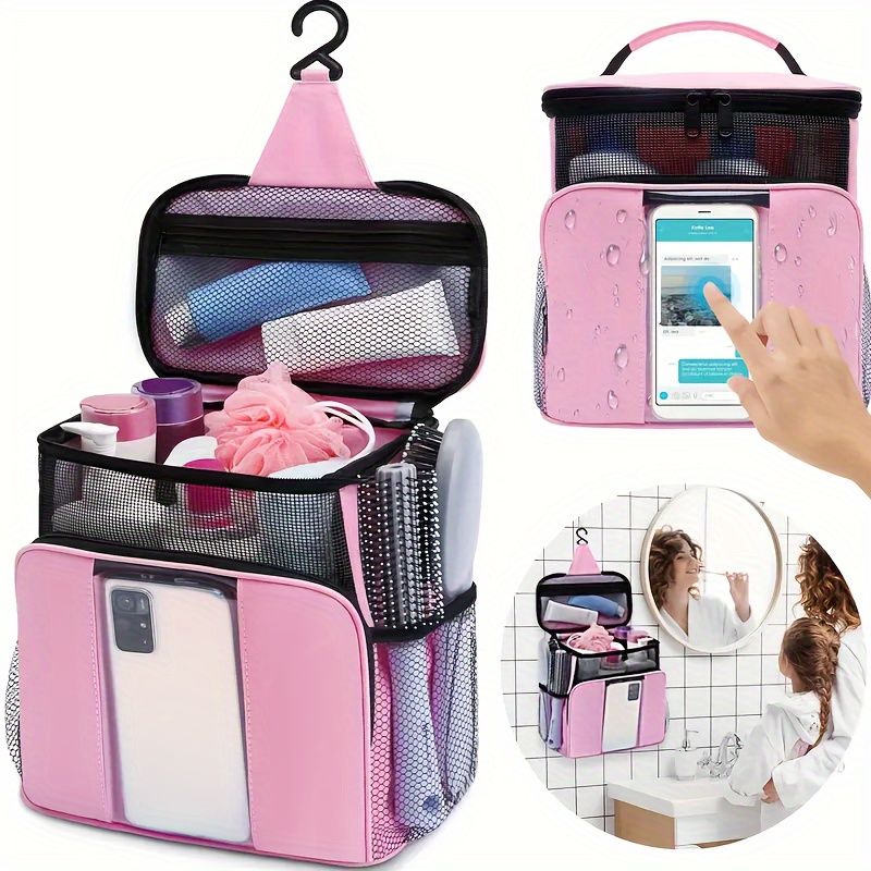 

Portable Hanging Toiletry Bag In Pink, Travel Camping Beach Wash Bag Makeup Organizer With Smartphone Pocket, Versatile For Gym, College, Road Trips, Bathroom Use