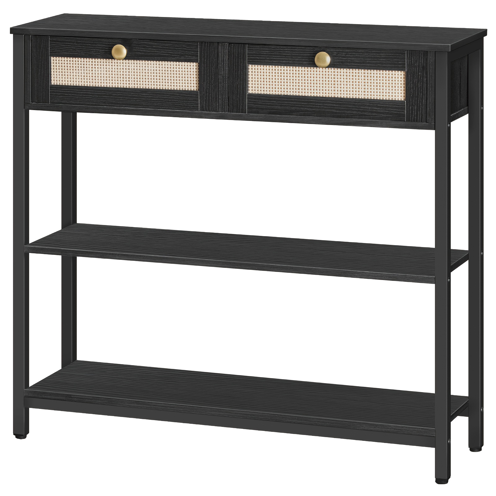 TEMU 3-tier Hallway Table With 2 Flip-down Drawers And Storage Shelves, Black Rattan-like Black Console Table, 80cm, Open And Hidden Storage Space,