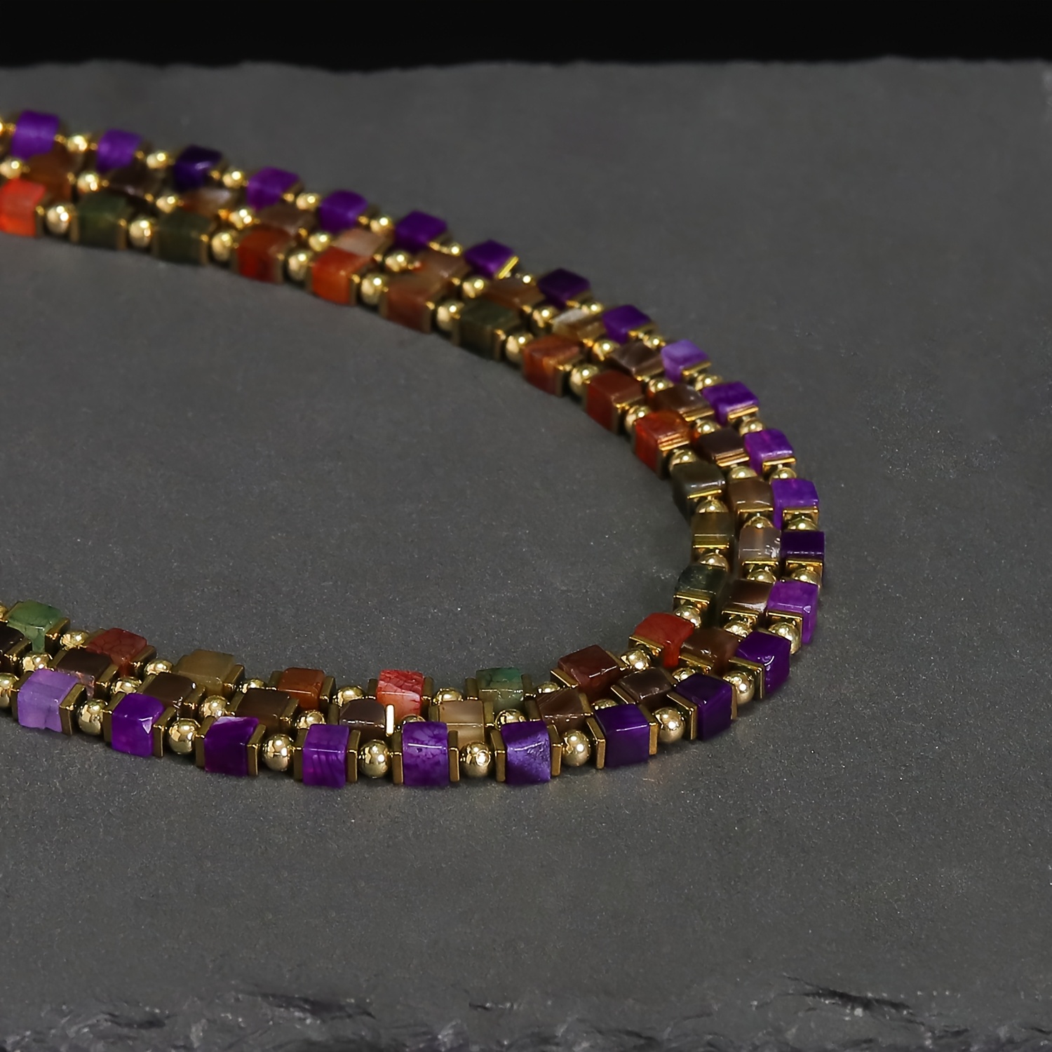 Hand-Strung Square Agate Beaded Necklace with Golden-Tone Accents