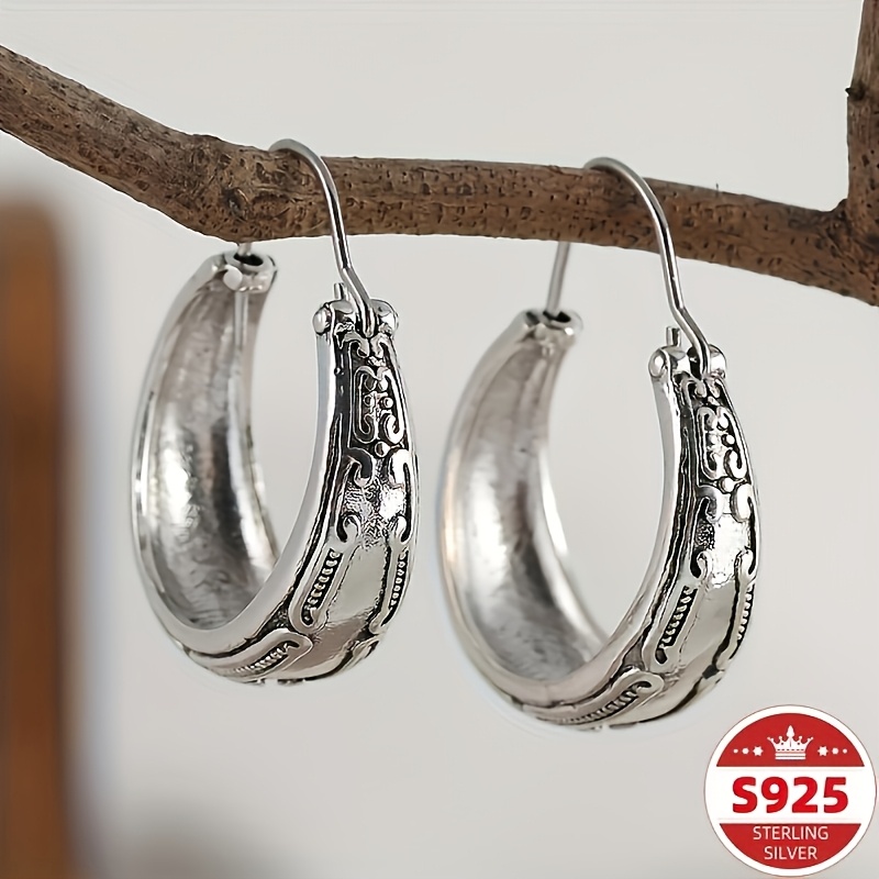 Image of 925 Sterling Silver Low Allergy Earrings - Vintage Carved Pattern, Easy Vintage Style, , Durable, Stylish Feminine Additions, Everyday Wear, Gift Occasions, And Christmas