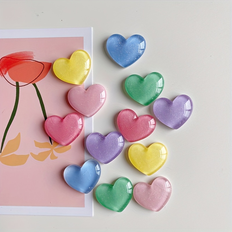 Image of 12pcs Transparent Colored Heart-shaped Mini Fridge Magnets - Cute Cartoon Resin Magnetic Refrigerator Decoration, Pastel Shades For Kitchen And Home, Refrigerator Magnets