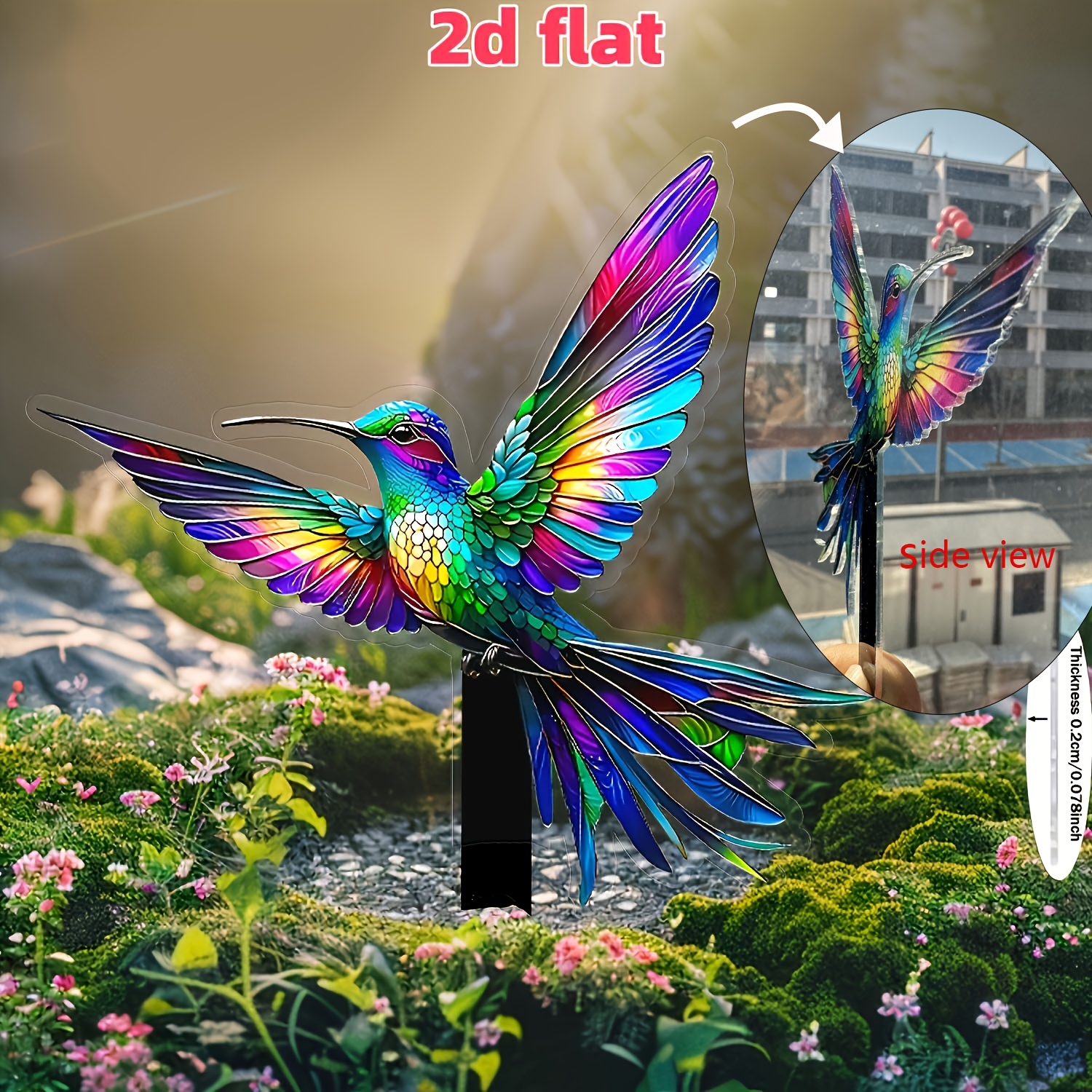 E-shop 2D Flache, farbige Acryl-Kolibri-Gartenstecker - Kein erforderlich, für die Außendekoration, geeignet für Blumentöpfe, Rasenflächen und