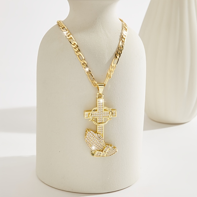 14K Gold Plated Boho Style Cross Pendant Necklace with Sparkling Zirconia