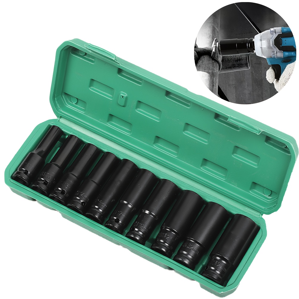 Image of 10pcs Set Of 1/2 Inch Drive Deep Impact Socket | Long Arm Thin-walled Metric 10-24mm, , Suitable For Wrench Adapters, Applicable Metal Maintenance Manual Tool Set