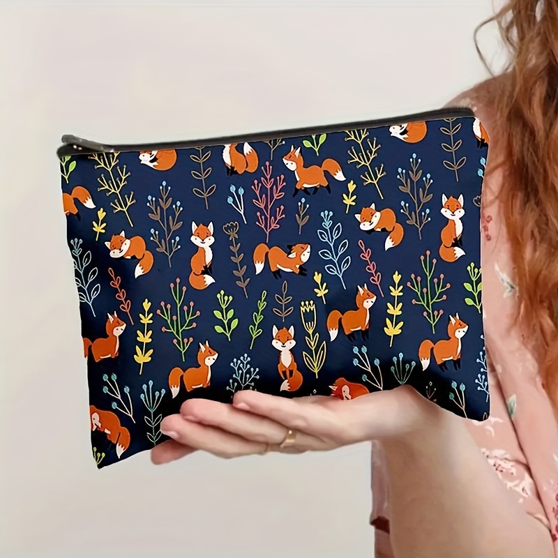 

Cartoon Fox & Leaf Printed Cosmetic Bag, Portable Waterproof Zipper Wash Bag, Lightweight Zipper Clutch Purse