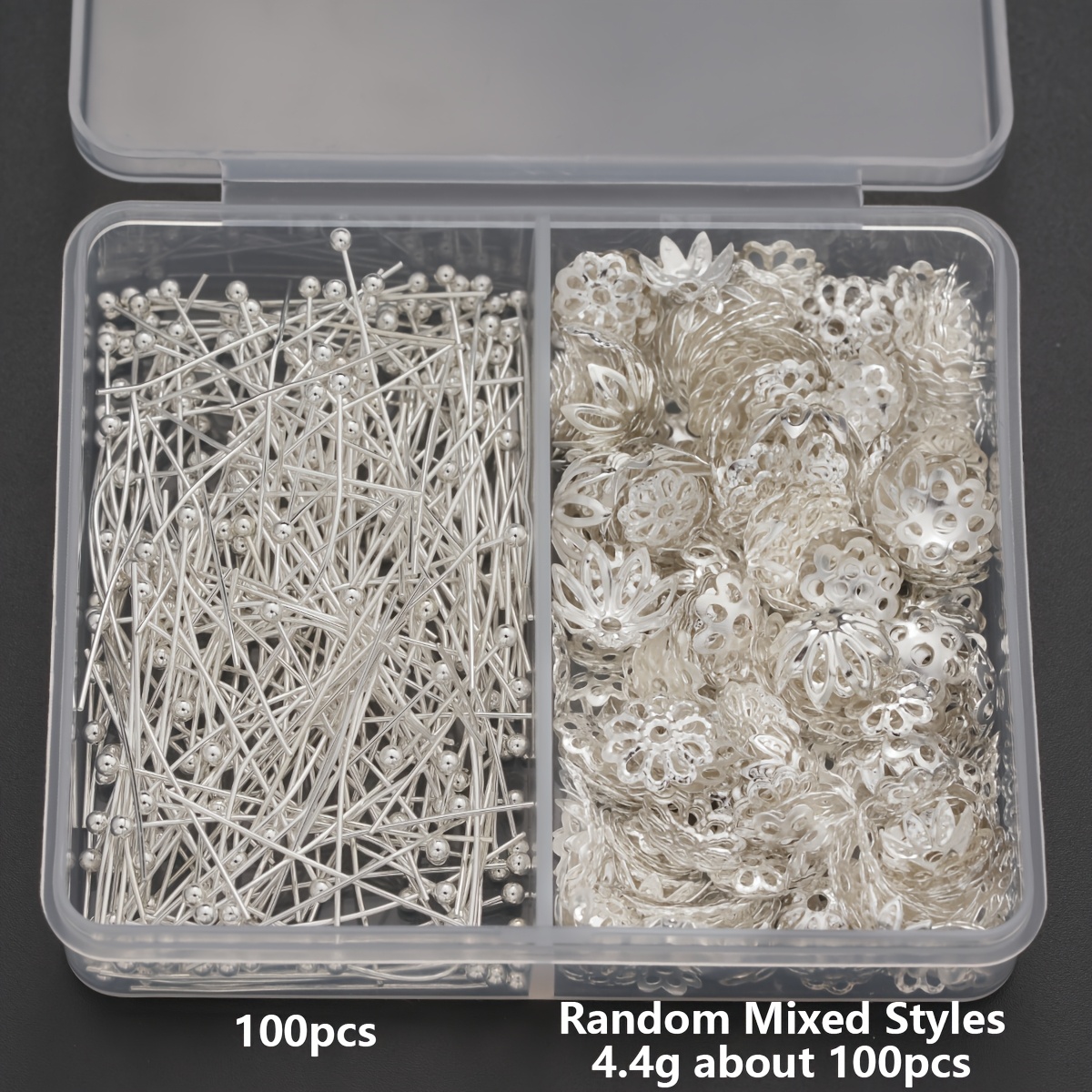 TEMU 200pcs/box Silvery Jewelry Making Kit, 100pcs Ball Head Pins And 100pcs (4.4g) Flower Cup Pads Random Mixed Styles, Suitable For Weaving Ear