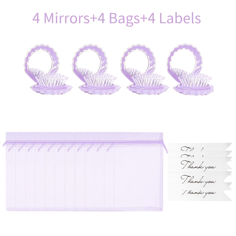 TEMU 12pcs Set, Including 4 Compact Shell-shaped Mirror Combs, Bags, And 4 White Thank-you Tags. Shell-shaped Pocket Mirrors, Makeup Mirrors, Mermaid