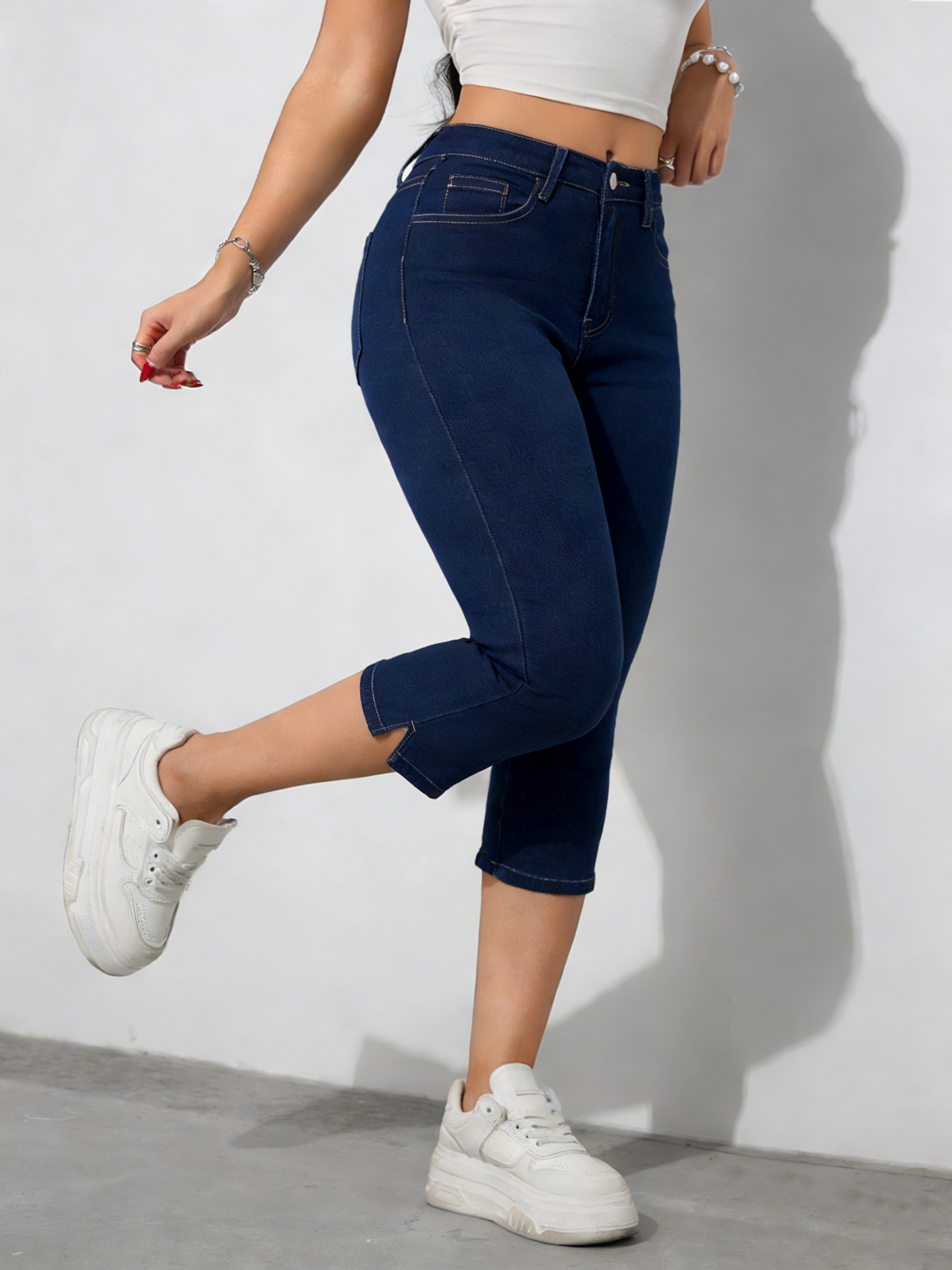 2026ss new womens dark blue washed denim capri pants - Temu Oman