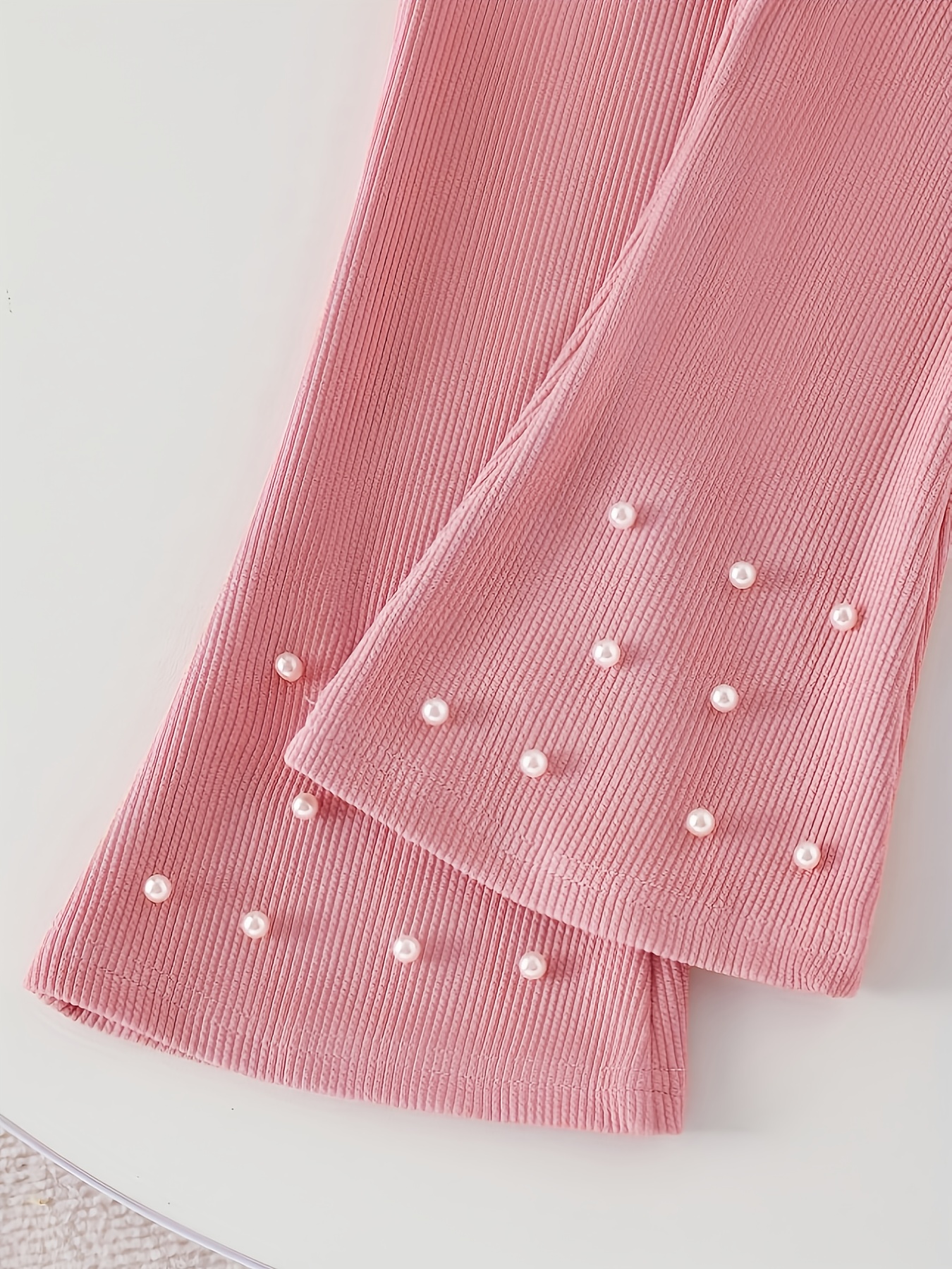 Girls' Long Sleeve Solid Color T-Shirt with Pearl Bow Decor