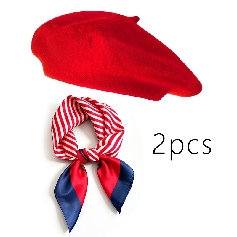 TEMU 2pcs Women's French Beret & Scarf Costume Hat - Red Berets With Handkerchief Suitable For Cosplay, Role-play, Themed Parties, Artist Outfits,