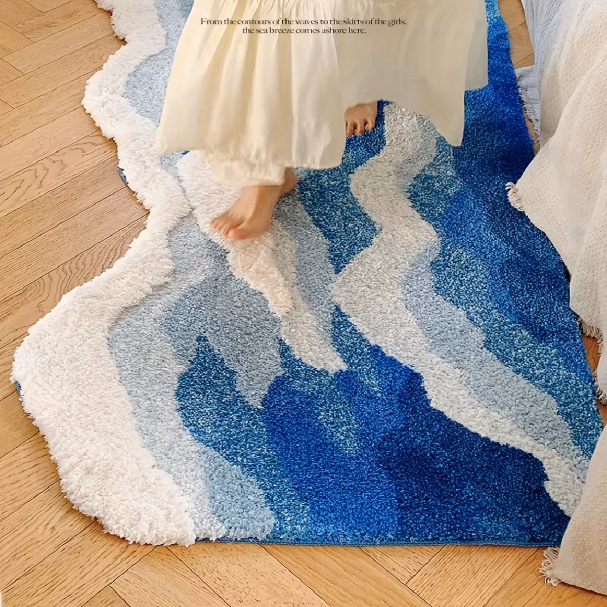 1850g m thickened and dense tufted flocked carpet with tpr non slip backing art ocean carpet irregular outline with and white like soft comfortable non slip water absorbent for bedroom living room decor Product details 4