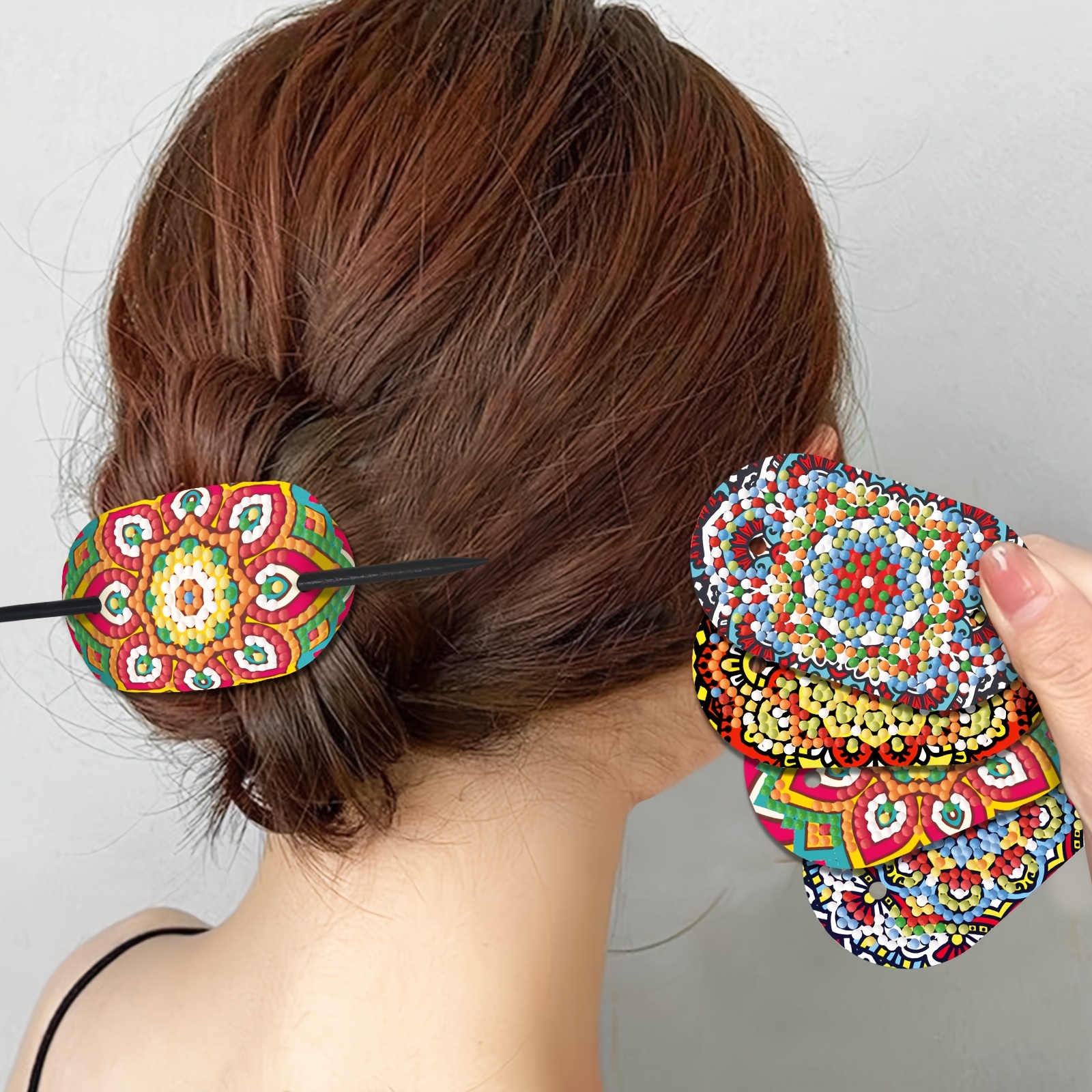 

5pcs Elegant Mandala Diamond Painting Hair Stick Kit, Retro Leather Barrette, Chinese Twisted Stick, Hold For All Hair Types, Updo Accessory For Women