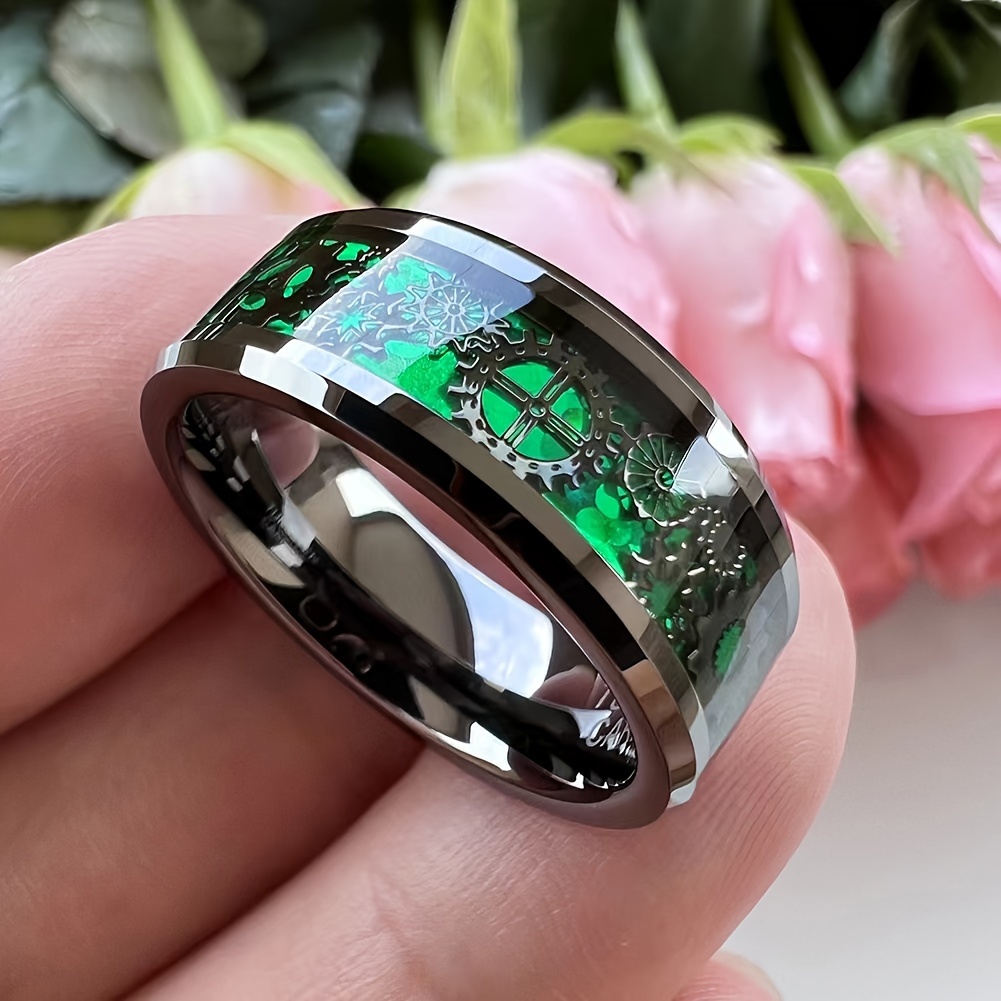 

1pc Men' Punk Gear-inspired Stainless Steel Ring - Green & Black, Intricate Design, For & Unique Gift Idea