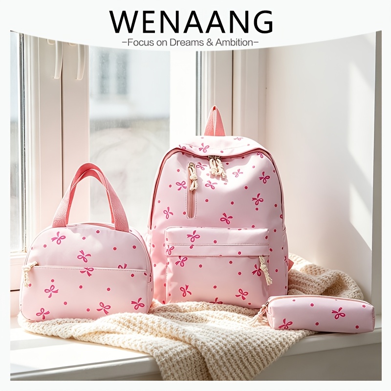 TEMU Fashionable Casual Cute Bow Print Women's Backpack Kit Large Capacity Multifunctional Daily Backpack Pencil Case Lunch Bag Zipper Adjustable