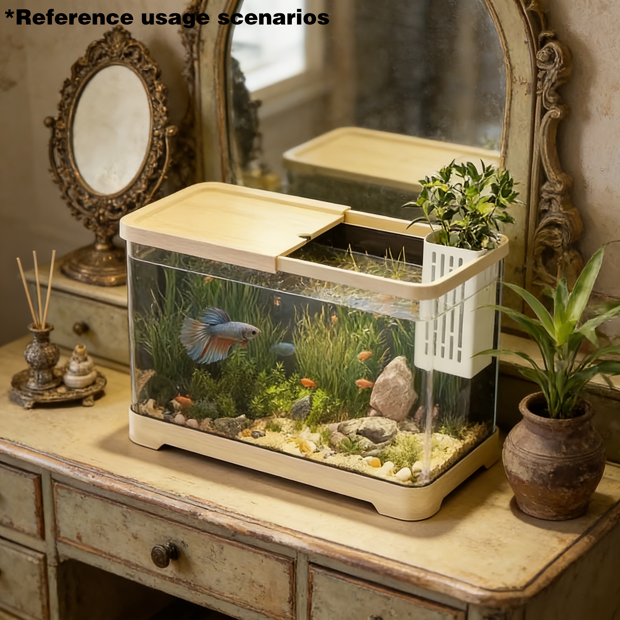 02pcs Set High-Transparency Ornamental Desktop Aquarium Landscape Kit, Ultra-Clear Panoramic High-Transparency Tank Body for Unobstructed Full-View Observation, Creamy White Simple Edging Suitable for All Home Decor Styles, Includes Aquarium Main