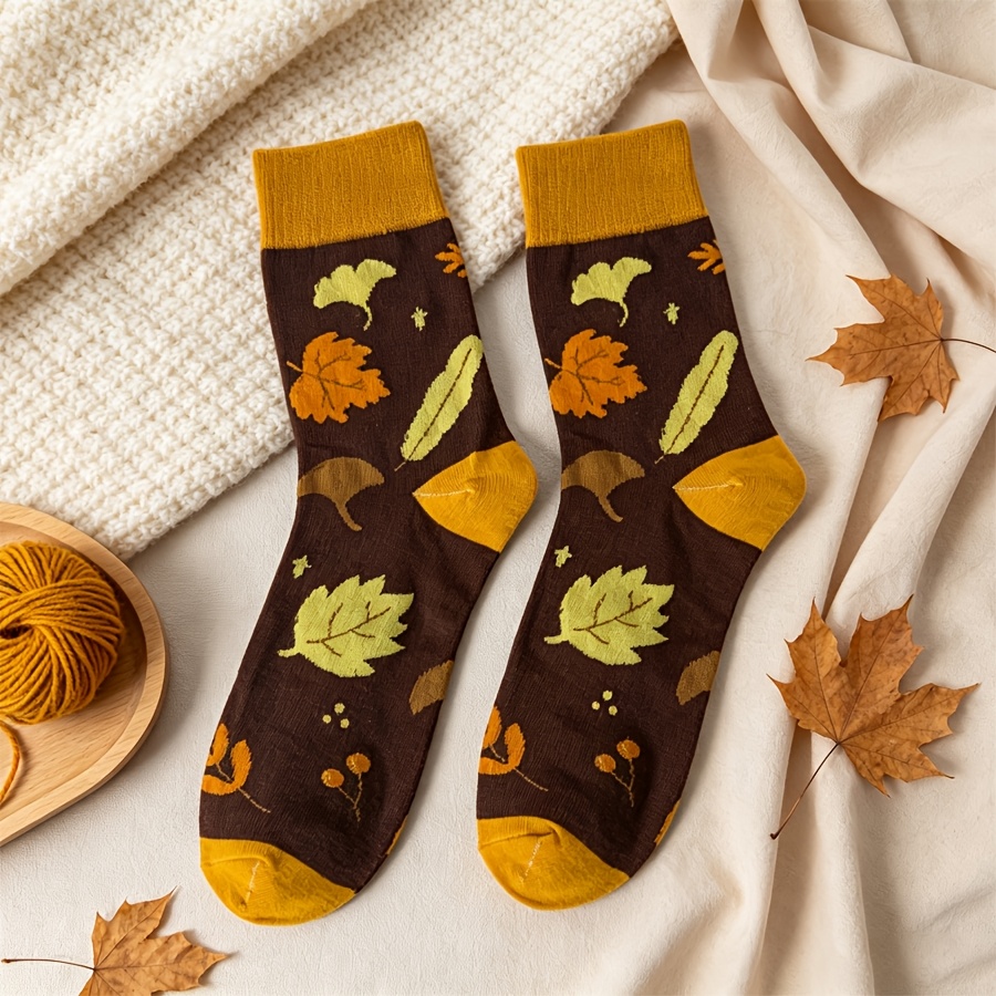 TEMU 1 Pair Women's Autumn Ginkgo Leaf Printed Mid-calf Socks, Retro Dark Brown Yellow Women's Socks, Soft Breathable Comfortable Warm Autumn Casual