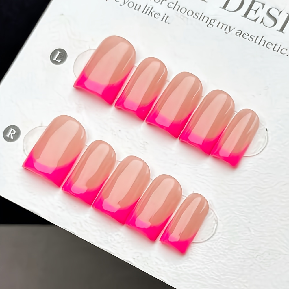 TEMU 10pcs Handmade Short Square False Nails Suitable For Women & - French Tip Press- Nails With Nude Base & Rose Red Tips, Hand-painted Tips, Glossy