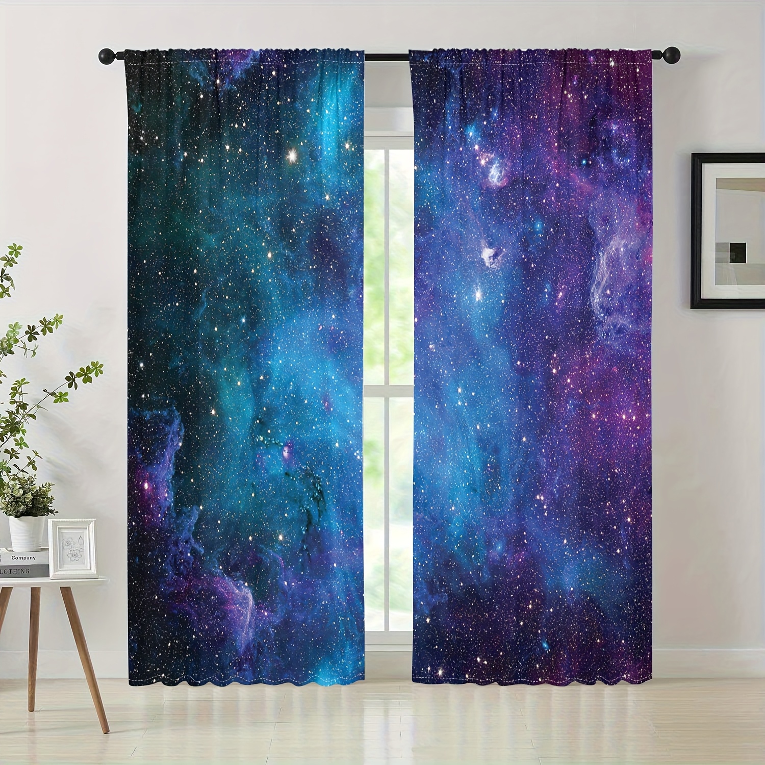 TEMU 2pcs Blue Purple Curtains Rod Pocket Outer Space Bedroom Decor Universe Fantasy Starry Sky Star Nebula Art Printed Curtain Living Room Window Drapes Home Decor