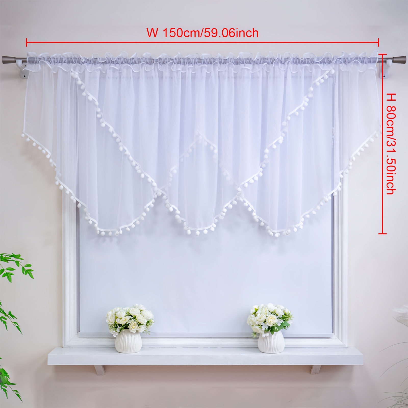 Image of Short Translucent Curtain With Pom-pom Decoration, 1 Piece, Sizes (150cm X 80cm, 200cm X 80cm), Lightweight, Breathable Fabric, Elegant Triangular Panels, Suitable For Modern Living Rooms And Bedrooms