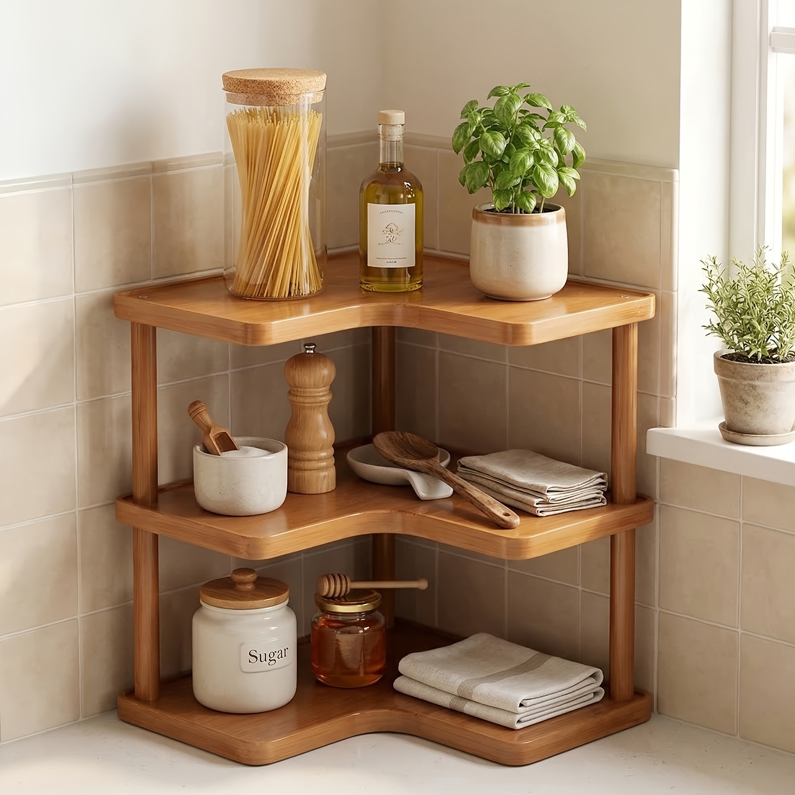 3 Tier Wooden Corner Shelf Organizer, Desktop Storage Rack For Kitchen Counter, Office Desk, Bathroom, Multi Layer Spice Rack, Cosmetics And Sundries Organizer, Corner Shelves