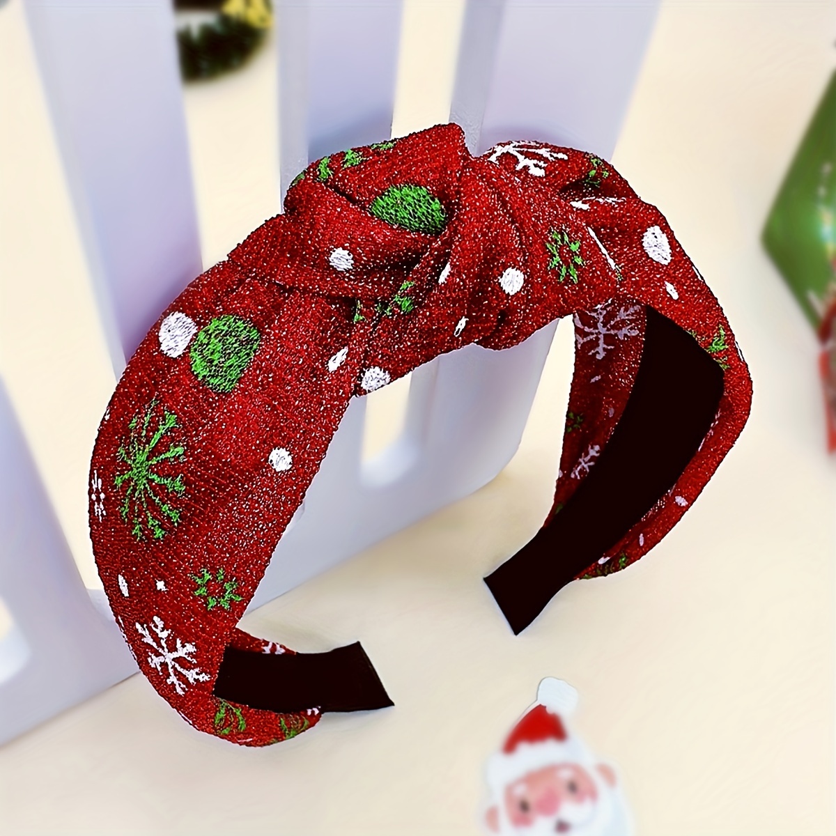 

Christmas Headband: Sparkling Red With Green And White Snowflakes - Holiday Parties