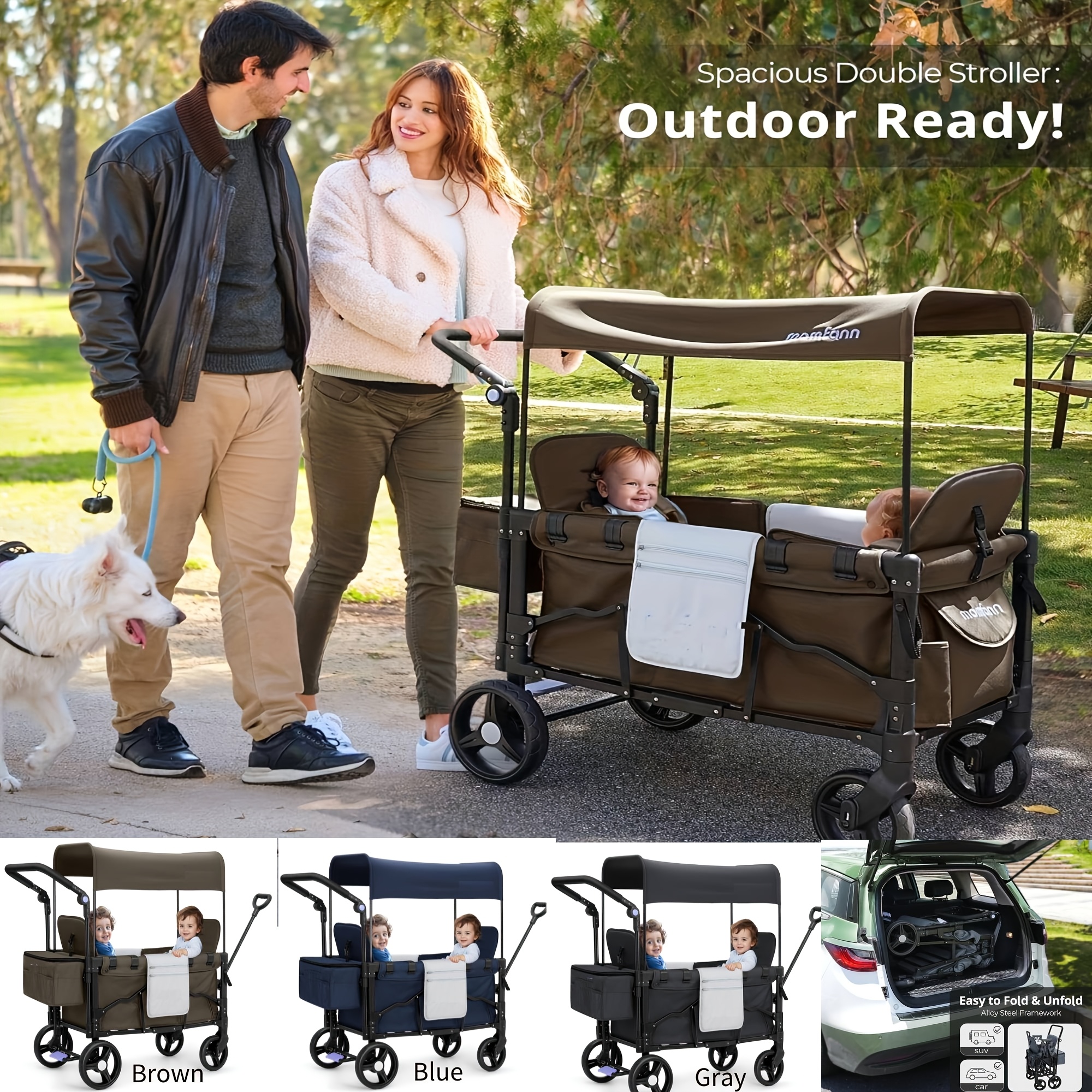 Double Stroller Wagon For 2 Kids - All-Terrain Foldable Wagon With Canopy, Snack Tray, Harnesses