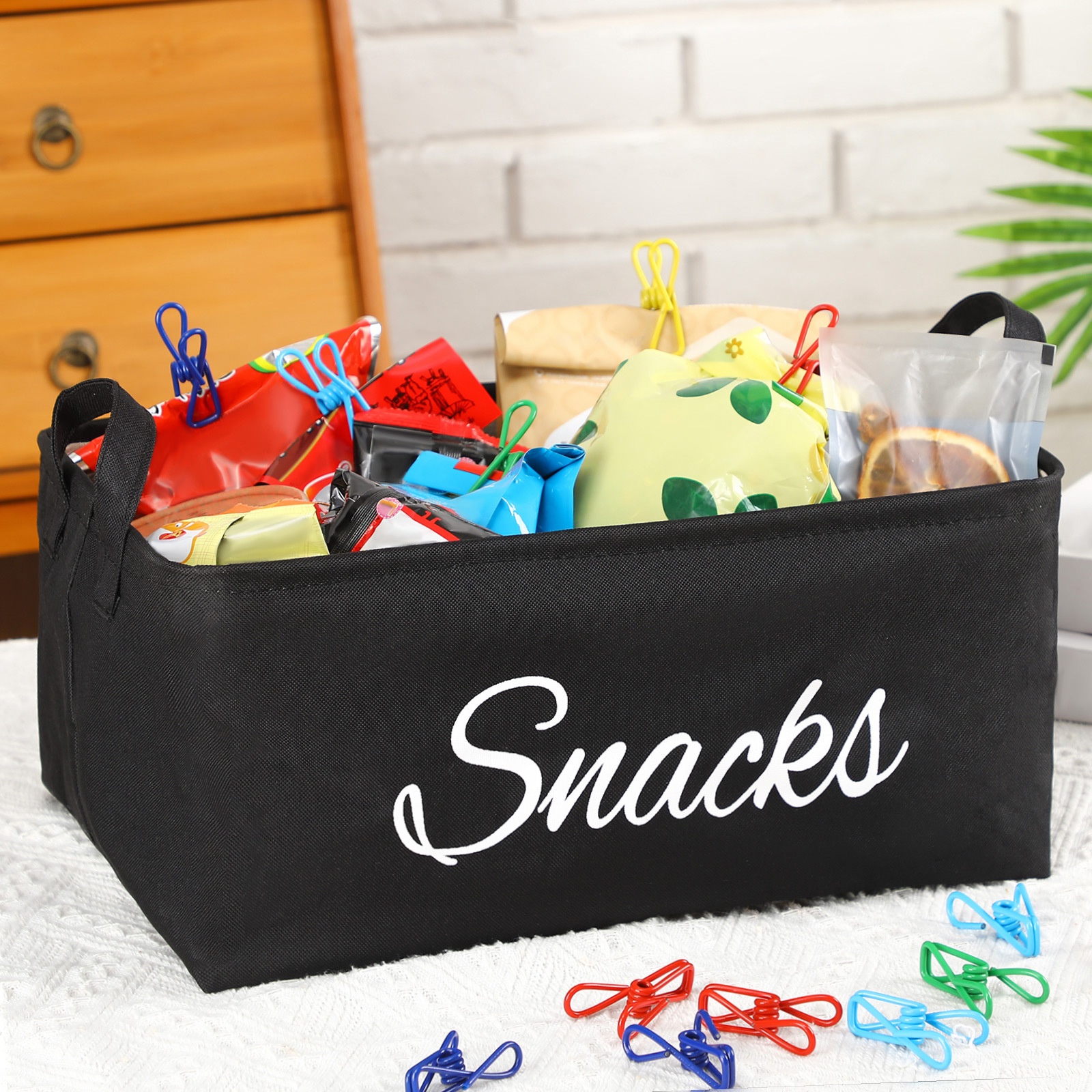 TEMU 17pcs Snack Basket Sets, Snack Storage Bin For Pantry Shelves With 16pcs 2 Inch Chip Clips, Burlap Basket Organizer For Kitchen Home, Chips,