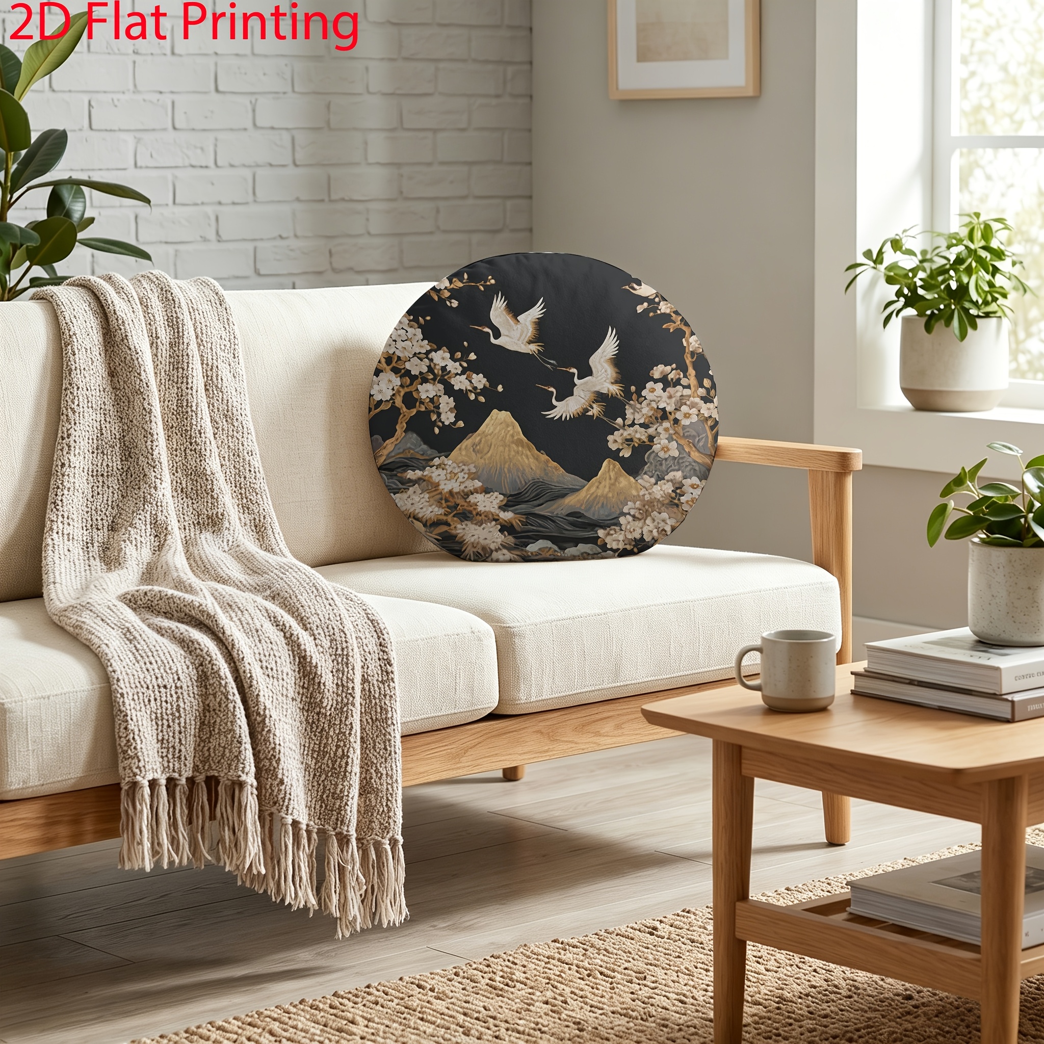 crane round throw pillow decorative cushion with cherry   mountain artwork 2d flat printing design including pillow core hidden zipper living room bedroom home decorhalloween 2d flat