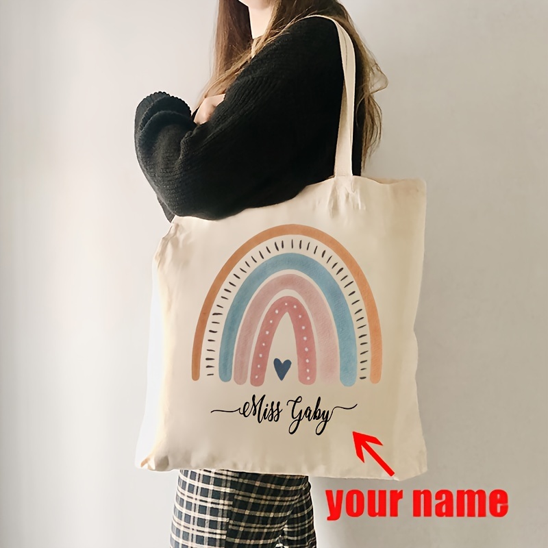 

1pc Personalised Custom Name Text Teacher Rainbow Pattern Print Tote Bag Women Reusable Casual Cloth Bag Teacher Appreciation Gift Best Teacher's Day Gift