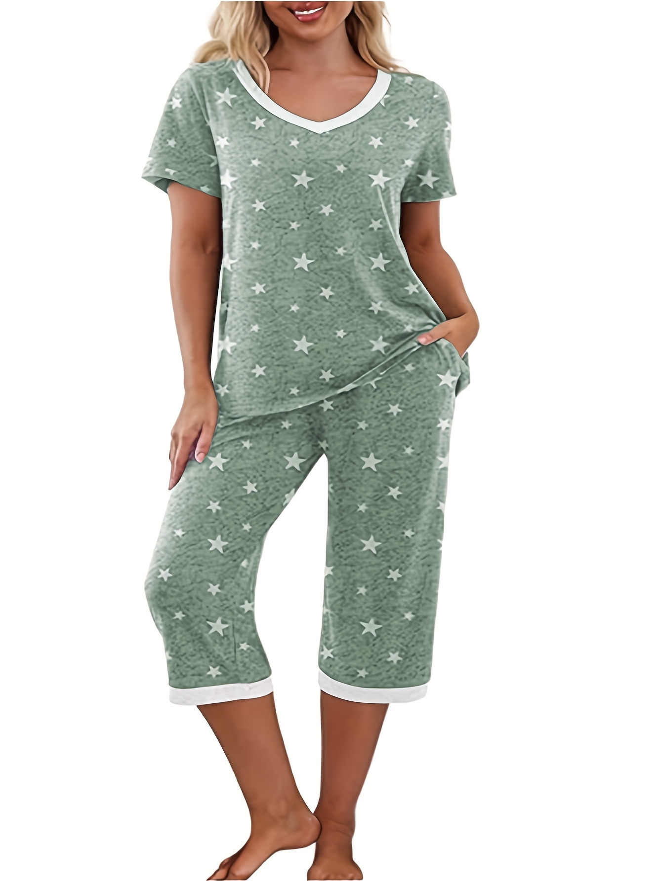 item picture capri v neck short sleeve top and capri pants pajama set with pockets loungewear set