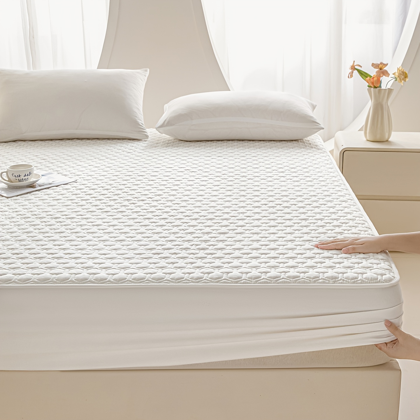Soft, Comfortable, and Breathable Hexagon Pattern Fitted Sheet, Modern Minimalist Thickened Solid Color Mattress Protector, Machine Washable, Suitable for Hotels, Bedrooms, Guest Rooms, Home Textile Bedding Gift for Family and Friends