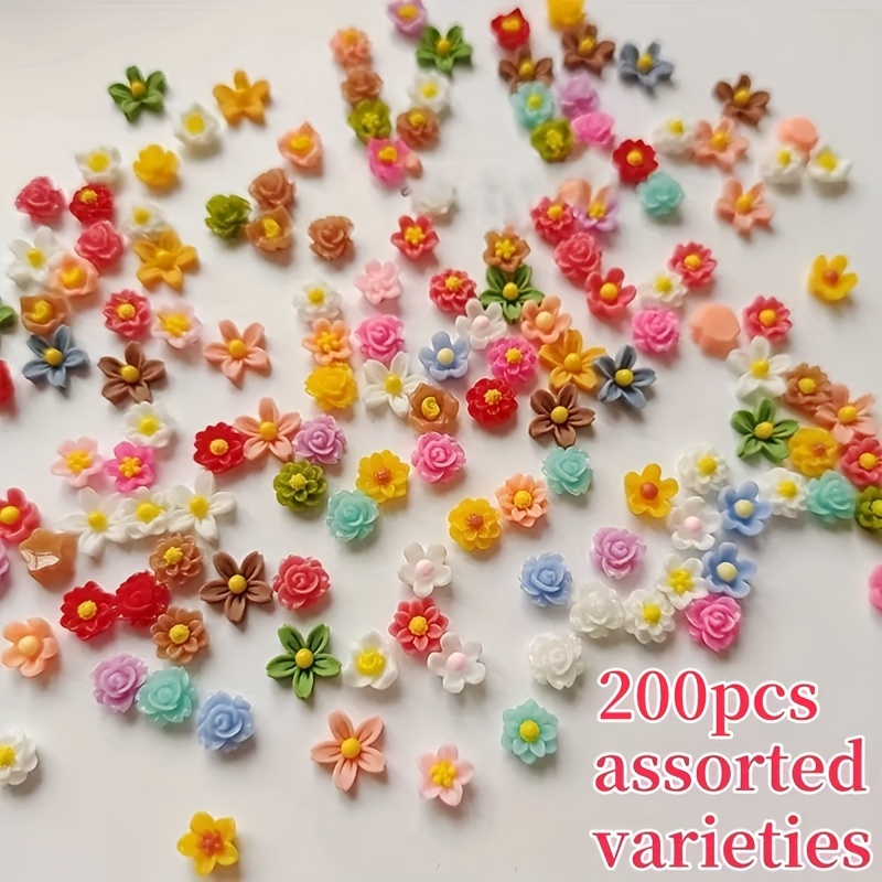 Image of 200pcs Random Flower & Star Bead Assortment - Vibrant Resin Craft Beads For , Hair Accessories & Nail Art Decorations, Floral & Star Shapes For , Beads For Jewelry Making