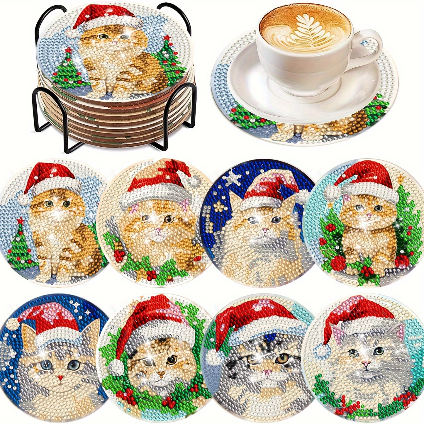 

8pcs Diy Diamond Painting Coaster Set With Stand - Round Gemstone Art Kit For Tea Cups, - Craft Gift For Adults & Beginners