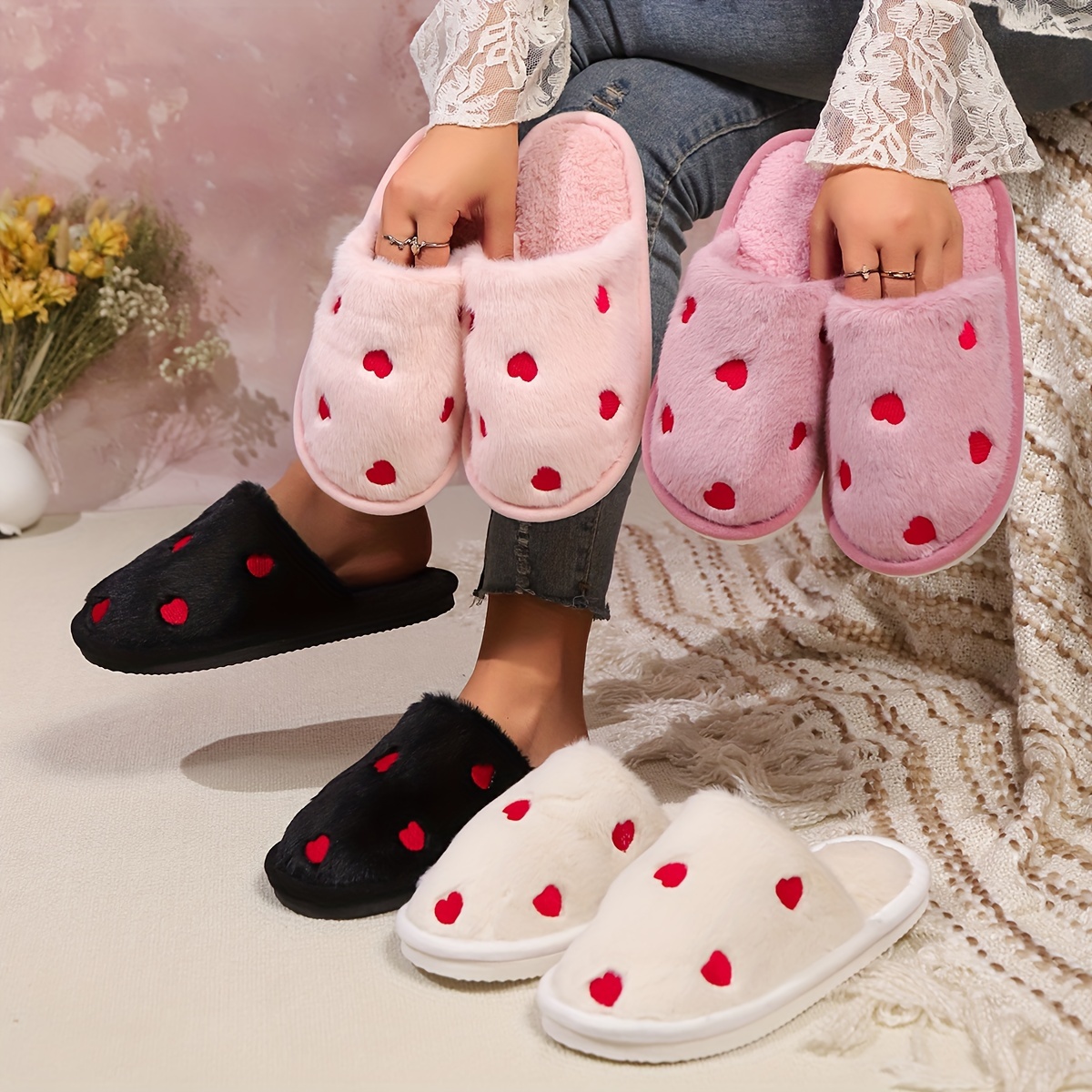 

Cozy & Pattern Plush Winter Slippers For Women - Soft, Warm Indoor/outdoor Footwear With Non-slip Eva Sole, Hand Washable - In Black, White, Pink, Indoor Slippers