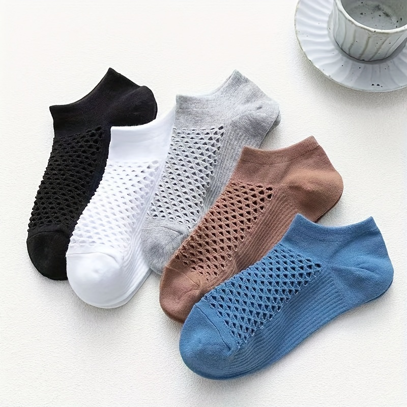 

5 Pairs Of Men's Solid Mesh No-show Socks, Anti Odor & Sweat Absorption Breathable Socks, For Summer Daily Wearing