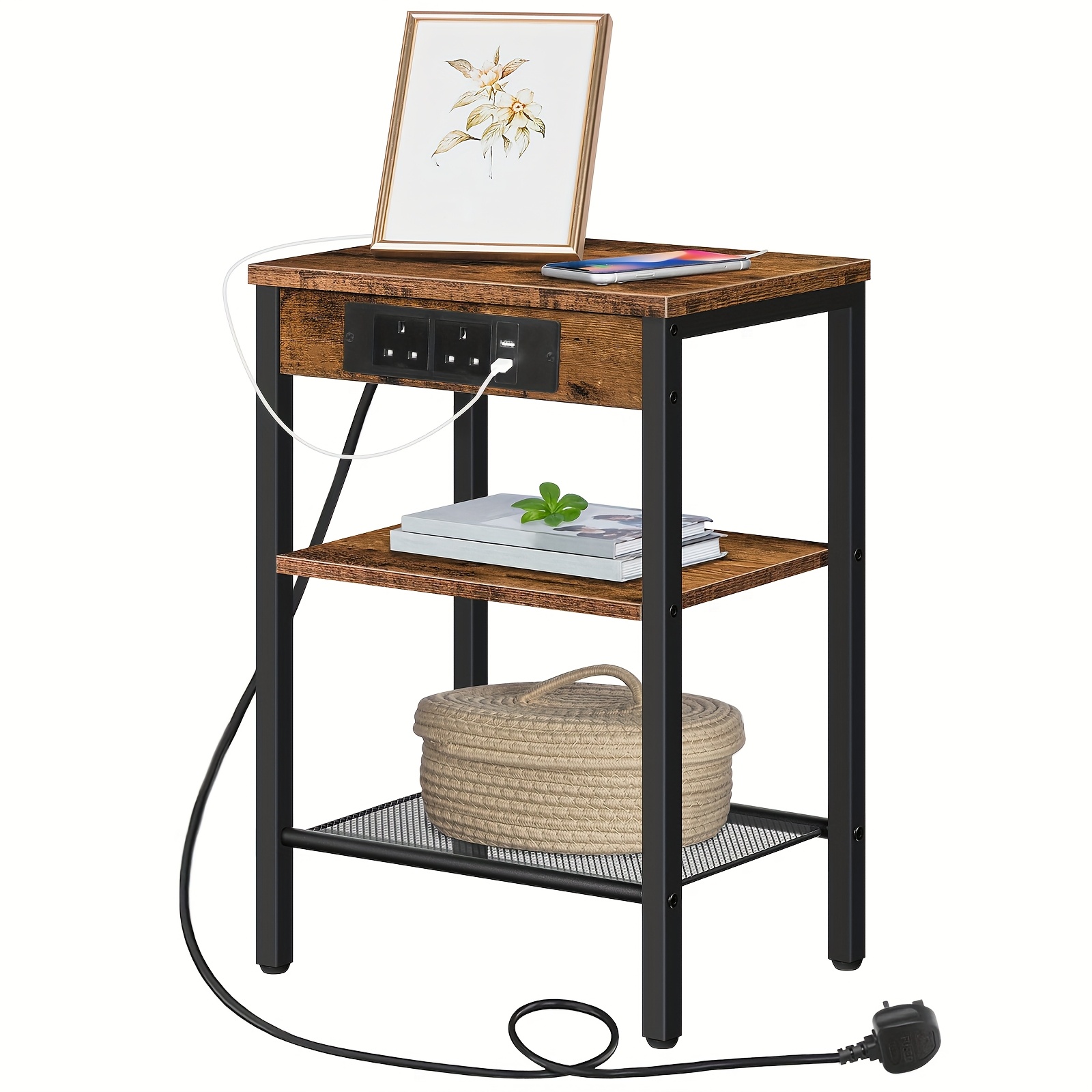Brown Side Table with Charging Station and Adjustable Shelf