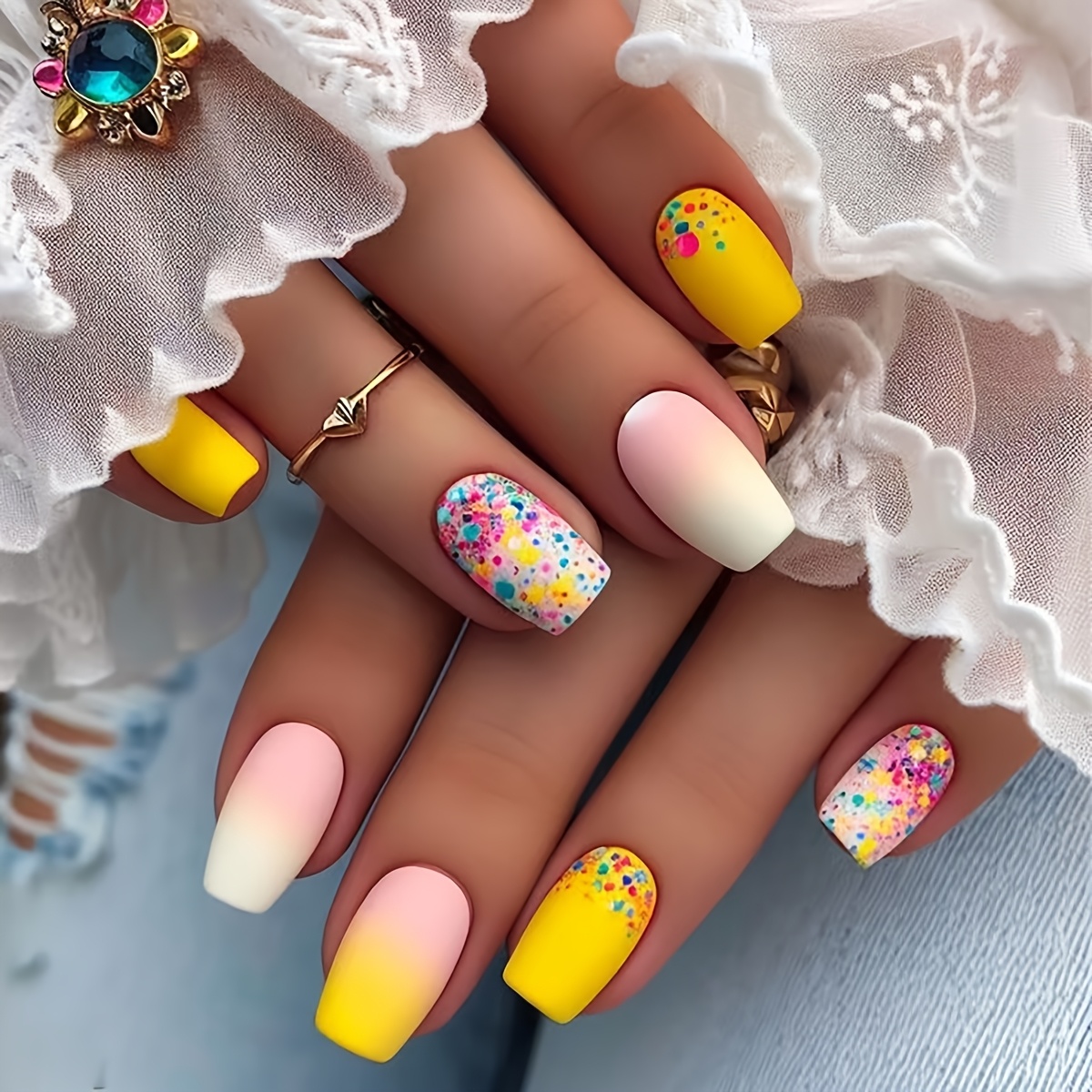 24pcs Medium-length Square-tip Simple Yellow- Press-on Nails With Multi-colored Polka , , And Style, Including 1 Nail Buffer And 1 Jelly Self-adhesive Sticker