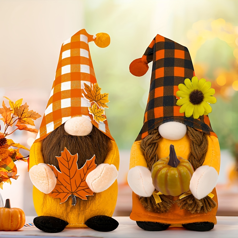 

Plush Decorations 2-pack, Handcrafted Fabric Tomte Nisse Scandinavian Gnomes With Pumpkin And Maple Leaf Accents For Harvest Fall Home Tabletop Display