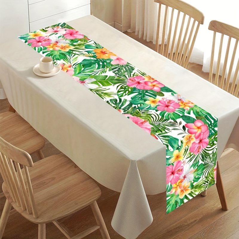 

1pc, Chemin de table d'anniversaire hawaïen, 180*35Cm Chemin de table de fête d'anniversaire sur le thème hawaïen tropical en polyester, Décoration de table pour , de table à motif floral d'été